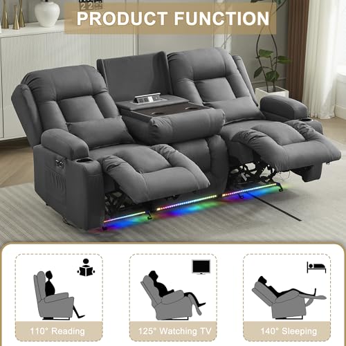 URRED Power Loveseat Recliner Sofa with Massage and Heat, Wall Hugger Reclining Loveseat with Console, RV Couch Home Theater Seating with LED Lights for Living Room (Gray, 76.8" - 3 Seats) - color: Grey, size: 76.8" - 3 Seats