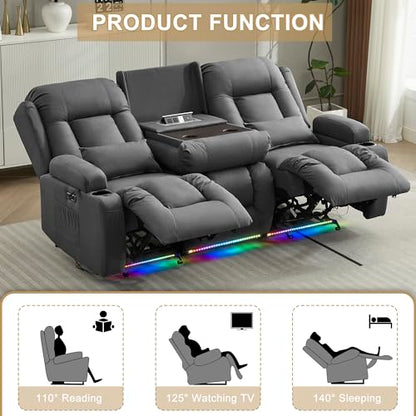 URRED Power Loveseat Recliner Sofa with Massage and Heat, Wall Hugger Reclining Loveseat with Console, RV Couch Home Theater Seating with LED Lights for Living Room (Gray, 76.8" - 3 Seats) - color: Grey, size: 76.8" - 3 Seats