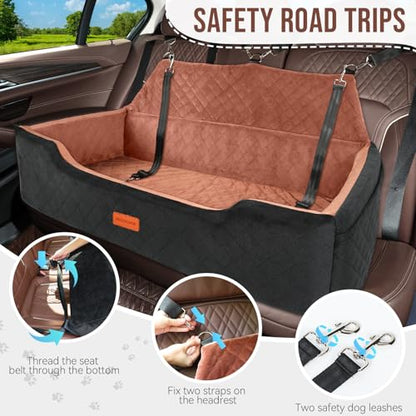HEGGCOOE Large Dog Car Seat Under 100 lbs, Washable Dog Car Bed for 2 Medium Dogs, Detachable Pet Booster Seat with Storage Pocket and Seat Belt for Back Seat Dog Travel Bed - color: Black/Brown