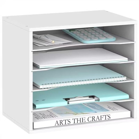 SUPEASY Wood Desk Organizer, 5 Tier Paper File Organizer for Desk, Wooden Desktop Organizer, Paper Letter Literature Mail Sorter, for Office School & Home Organization, White - color: White, size: 13.4" x 9.1" x 12", style: 5 Compartments