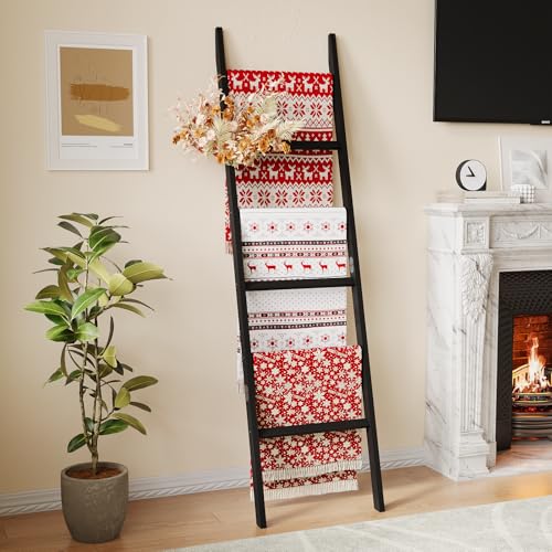 Bamboo Towel Rack 6-Tier Blanket Ladder for Living Room, Bedroom, Bathroom Space-Saving Decorative Ladder for Quilts, Towels and More Black - color: Black-6tier