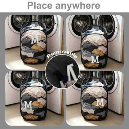 Collapsible Pop Up Laundry Hamper, Extra Large with Removable Initial Letter M, Mesh Foldable Laundry Basket, 28" x 16" x 16" (Black) - color: 1P BlackM