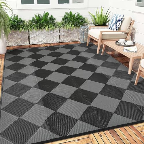 IDEALHOUSE Outdoor Rug, Reversible Waterproof Plastic Patio Mat, UV Resistant Large Floor Mat with Carry Bag, Portable RV Mat for Camping, Picnic, Backyard, Black & Grey Checkered, 9' x 12' - color: Black/Gray, size: 9' x 12' (Rectangular)