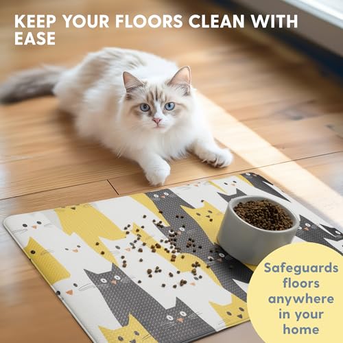 The Cat Ladies Cats Feeding Mat - Waterproof Dishwasher Safe Small Pet Eating Placemat - Cat Dog Food Mats for Food and Water Bowl - Protect Floors from Mess - Black & Yellow Cats - color: Black and Yellow Cats