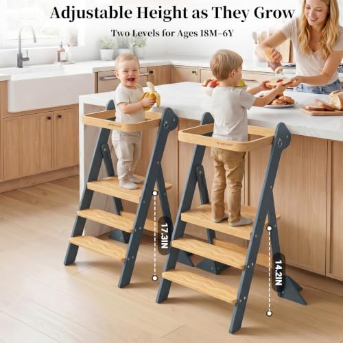 COSYLAND Foldi Foldable Toddler Kitchen Stool - Adjustable Height Toddler Standing Tower with Net & Safety Feet, IF Award-Winning Wooden Learning Step Tower for 18M-6Y, Slate Blue & Natural - color: Slate Blue & Natural