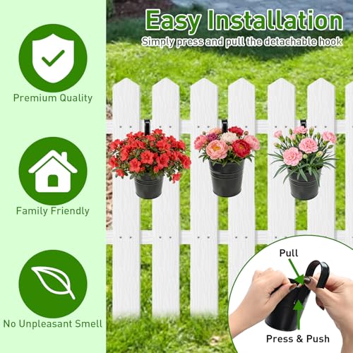 10 Pack Hanging Flower Pots Metal Iron Bucket Planter Railing Planter Flower Holder for Railing Fence Balcony Garden Home Decoration with Detachable Hooks,Black,4 Inches