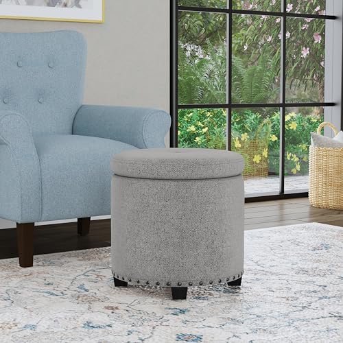 HomePop 18.5" Round Storage Ottoman with Nailheads - Grey Woven - color: Grey Woven