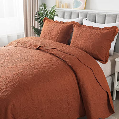 HoneiLife Queen Quilt Bedding Set - 3 Piece Microfiber Quilt Sets Lightweight Bedspreads Reversible Coverlets Retro Bed Cover Paisley Pattern Bedding Set All Season Quilts-Rust - color: Rust, size: Queen/Full-90"x96"