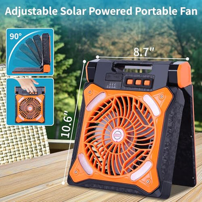 WESTTREE Solar Fan Battery Powered Rechargeable Solar Camping Fan with Led Lantern Power Bank Foldable Angle USB Personal Fans for Travel Outdoor CampingTents camping essentials X98 Orange