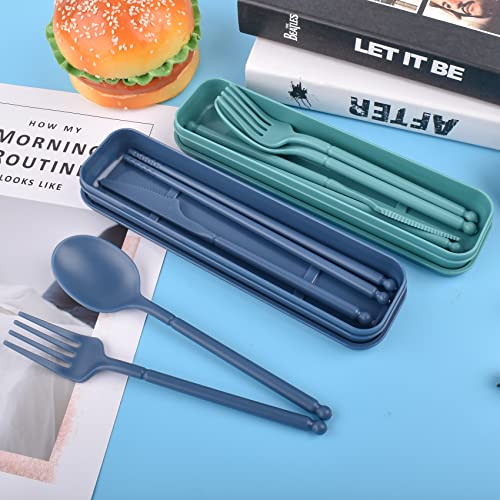 Portable Utensils Set with Case, 2 Sets Camping Travel Utensils Set, Plastic Cutlery Set for Lunch Camping School Picnic Workplace Travel (Blue+Green) - color: blue, green