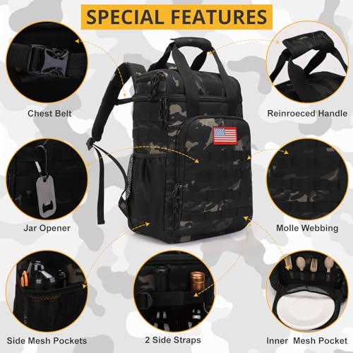 Tactical Backpack Cooler,Lunch Backpack for Men Adults Work with Handle，Soft Cooler Backpack Insulated Waterproof Leak Proof - color: Black Camo