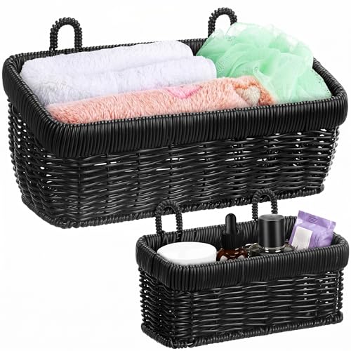 Tioncy 2 Pcs Woven Hanging Wall Baskets for Storage Boho Style Hanging Storage Plastic Woven Baskets with 4 Hooks for Kitchen Garden Living Room - color: Black, size: Boho