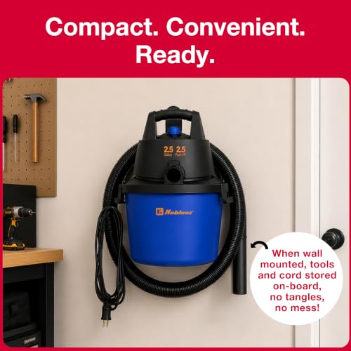 Koblenz Wet Dry Vacuum Cleaner, 2.5 Gallon 2.5 PHP, 60 CFM, 10 ft Reach, TWIST-N-LOCK Hose, Wall Mount, Small Shop Vac, Portable Shop Vac for Home Car Garage, Accessories Included, Blue/Black, WD-2.5L - size: 2.5 Gallon 2.5 HP