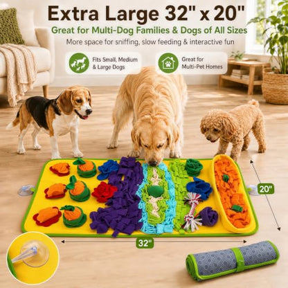 Snuffle Mat for Dogs – Extra Large 32'' x 20'', Washable Slow Feeder Dog Toy, Durable Interactive Dog Puzzle for Mental Stimulation & Nosework Training, with Anti-Slip Suction Cups - color: Blue-Yellow