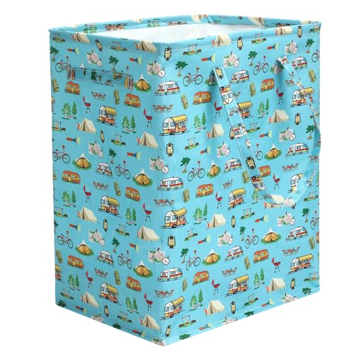 60 L Large RV Collapsible Laundry Hamper with Lid and Drawstring Freestanding Waterproof Laundry Basket, Long Handles for Portability, Tall Clothes Baskets for Rv Camper Bedroom Bathroom Accessories