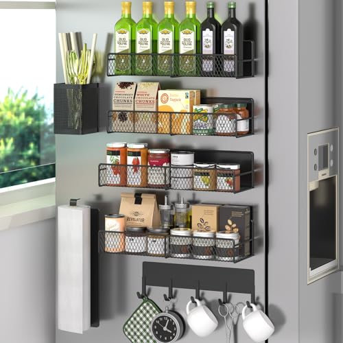 DTUQYX Magnetic Spice Rack for Refrigerator, 7 Pack Metal Shelf Black , Moveable Organizer with Hook Rack, Paper Towel Holder, Kitchenware Strong Storage Fridge - color: Black, style: 7 Pack