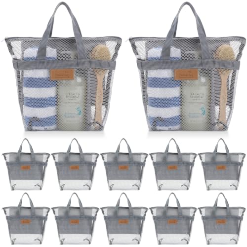 Patelai 12 Pcs Mesh Shower Caddy Portable 12.2 x 10.24 in Large Gym Shower Bag Bulk with Zipper Quick Dry Beach Bag Hanging Toiletry Organizer for Swim Beach Camping Travel College Dorm (Grey) - color: Grey