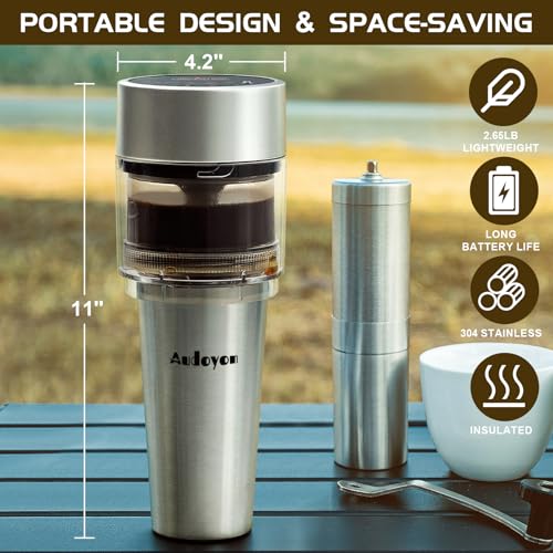 Portable Rapid Coffee Maker – 2-6 Min Quick Brew Electric Coffee & Tea Infuser Makes Smooth, Low-Acid Coffee, 16oz Stainless Steel Travel Cup for Camping, Office, Hiking, Beach, Hotel, RV