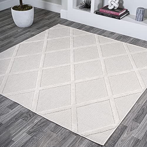 JONATHAN Y Diamond Trellis Indoor Outdoor Square Area Rug 5X5 Ivory, Salines for Backyard, Patio, Porch, Easy-Cleaning, High Traffic, Pet-Friendly, Non-Shedding (IBZ101D-5SQ) - color: Ivory, size: 5'3" x 5'3" (Square)