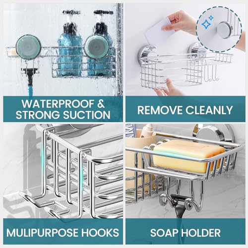 TAILI Shower Caddy Suction Cup 2 Pack with Hooks and Soap Holder, Heavy Duty Shower Organizer for Bathroom, No Drilling Silver Bathroom Suction Shelves-Silver - style: 2 × Silver