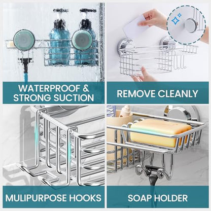 TAILI Shower Caddy Suction Cup 2 Pack with Hooks and Soap Holder, Heavy Duty Shower Organizer for Bathroom, No Drilling Silver Bathroom Suction Shelves-Silver - style: 2 × Silver