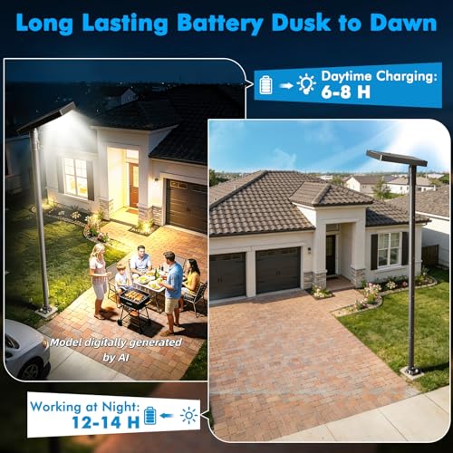 100" Solar Outdoor Street Lights with Pole & Remote, IP65 Waterproof 420 LEDs Solar Security Flood Motion Lights, Dusk to Dawn Solar Post Lamp for House, Yard, Garden, Patio, Lawn, Garage, Driveway - size: 100'' Height with die-cast base