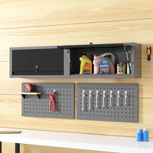 JZD Small Metal Wall Mounted Storage Garage Cabinet with Flip Up Door, Black & Grey - size: M-01