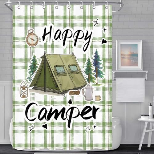 Happy Camper RV Shower Curtain Rustic Pine Tree Adventure Tent Camping Waterproof Fabric Bathroom Curtains Travel Trailer Bathroom Accessories Set with Hooks 47 x 64 Inches - color: Sage, size: 47"W x 64"L (Pack of 1)