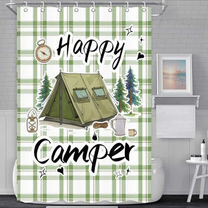 Happy Camper RV Shower Curtain Rustic Pine Tree Adventure Tent Camping Waterproof Fabric Bathroom Curtains Travel Trailer Bathroom Accessories Set with Hooks 47 x 64 Inches - color: Sage, size: 47"W x 64"L (Pack of 1)