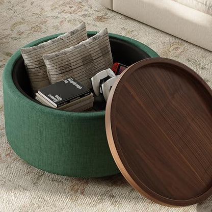 Round Storage Ottoman Coffee Table with Walnut Tray, 30'' Round Ottoman with Storage, Modern Upholstered Coffee Table with with 4 Casters for Living Room, Linen Fabric, Green - color: Green