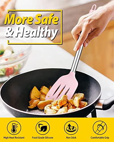 Pack of 2 Silicone Solid Turner, Non Stick Slotted Kitchen Spatulas, High Heat Resistant BPA Free Cooking Utensils, Ideal Cookware for Fish, Eggs, Pancakes(Pink) - color: Pink