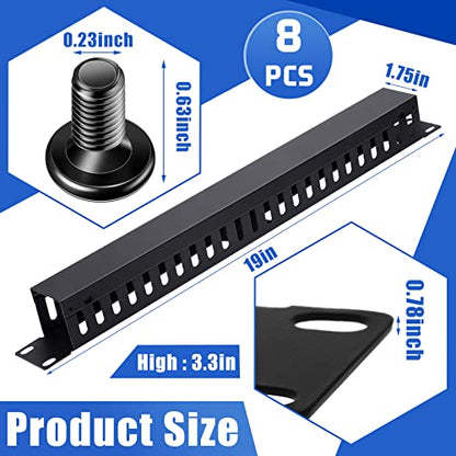 8 Pieces 19 Inch Cable Manager 1U 24 Slot Horizontal Server Rack Mount Cable Management Organizer Raceway Metal Finger Duct with Cover and Screw for Wire Network Wall Cord, Black