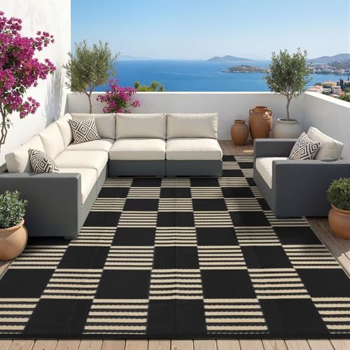 Garvee Waterproof Outdoor Rug 9x12, Checkered Foldable Plastic Straw Patio Camping Rug, Outdoor RV Carpet for Deck Camper Porch Balcony Backyard Picnic Beach Black and Brown - color: Black & Brown, size: 9' x 12'