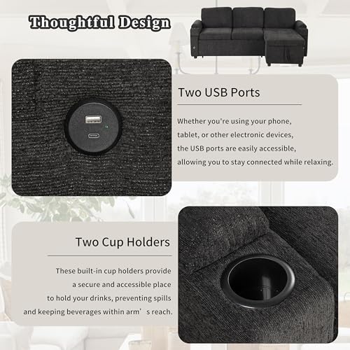 83.5" L-Shaped Foldable Sofa Couch, Modern Chenille Pull Out Couch with UAB, Convertible Love Seat Sofa Bed with Adjustable Back and Pillow for Living Room, RV, Small Spaces (Black, 83.5") | Modern Chenille - color: Black, size: 83.5"
