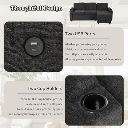 83.5" L-Shaped Foldable Sofa Couch, Modern Chenille Pull Out Couch with UAB, Convertible Love Seat Sofa Bed with Adjustable Back and Pillow for Living Room, RV, Small Spaces (Black, 83.5") | Modern Chenille - color: Black, size: 83.5"
