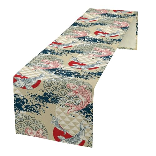 Koi Fish Table Runner Summer Oriental Tradition Sea Waves Fishes Decor for Indoor Outdoor Party Dinner Festival Farmhouse Holiday Dining Room Home Kitchen Restaurant, 13x36in - color: Koi-white, size: 13x36in