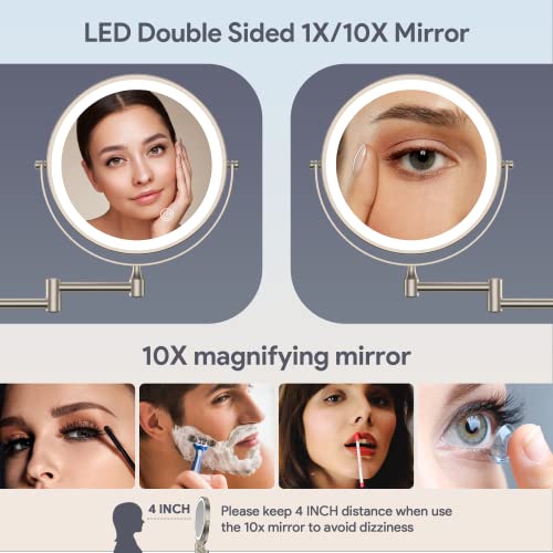 Rocollos Rechargeable Wall Mounted Lighted Makeup Mirror, 8 Inch Double-Sided LED Vanity Mirror 1X/10X Magnification,3 Color Lights Touch Screen Dimmable 360°Swivel 13 Inch Extendable - color: 8 Inch Nickel