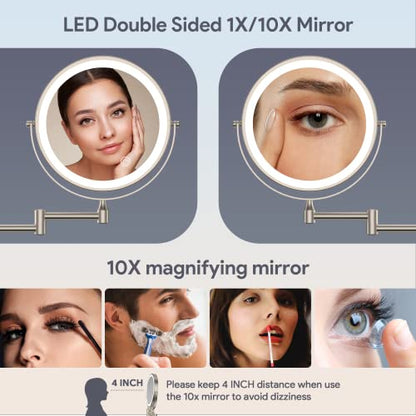 Rocollos Rechargeable Wall Mounted Lighted Makeup Mirror, 8 Inch Double-Sided LED Vanity Mirror 1X/10X Magnification,3 Color Lights Touch Screen Dimmable 360°Swivel 13 Inch Extendable - color: 8 Inch Nickel