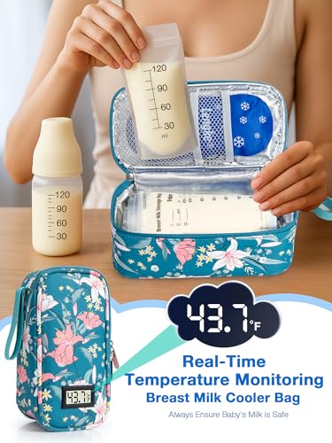 SUNMON Breast Milk Cooler Bag with Real-Time Temperature Display, Portable Travel Breastmilk Storage Case, Includes 2 Reusable Ice Packs, for Pumping Moms on The Go (Lily) - color: Lily
