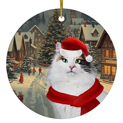 Tortie Turkish Van Cat Christmas Ornament 2026 Santa Hat Winter Village Landscape Scene Circle Ceramic Holiday Tree Hanging Decor Keepsake Gifts for Turkish Van Cat Lovers