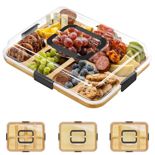 SpaceAid Charcuterie Board with Clear Lid, Portable Travel Cheese Cutting Boards for Picnic Accessories, Bamboo Serving Tray with Lids, House Warming Gifts, Black Handles, 8 Compartments - color: Black Handles, 8 Compartment