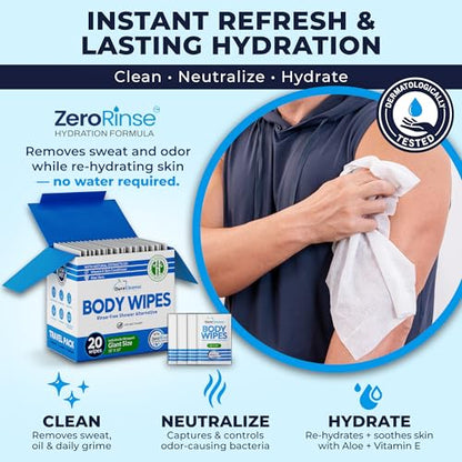 Body Wipes for Adults Bathing No Rinse - 20 Count Travel Shower Wipes - 10 x 10" Individually Wrapped Thick Cleansing Waterless Wash Scrubs - Disposable Washcloths for Camping & Elderly Incontinence - size: 20 Count (Travel Size)