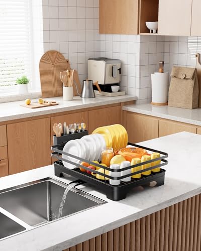 Kitsure Dish Drying Rack - Multi-Functional Dish Rack for Kitchen Counter with Cutlery Holder, Rust-Proof Storage Solution with Rotatable, 15.7" x 12.0" x 5.5", Black - color: Black