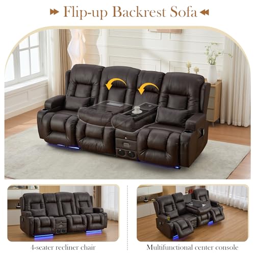 TUNYI Power Loveseat Recliner Sofa with Massage & Heat Home Theater Seating with Console RV Recliner Loveseat Sofa with USB/Storage/Side Pocket/LED Light/Speaker (Brown, 3 Seat with Console) - color: Brown, size: 3 Seat with console