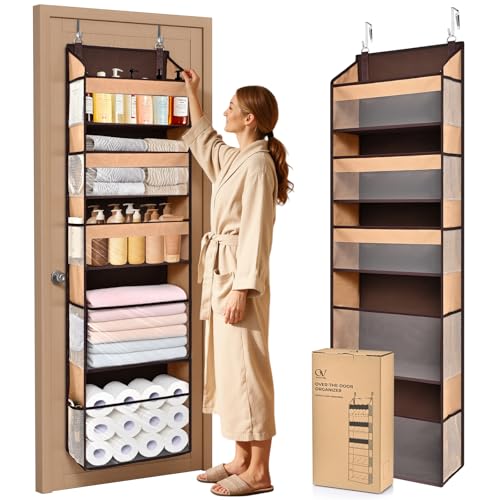 5 Tiers Over Door Organizer with 10 Mesh Side Pockets, 44 lbs Weight Capacity Hanging Storage Organizer with Clear Window Kids Toys, Shoes, Diapers, Brown - color: Brown, size: Large