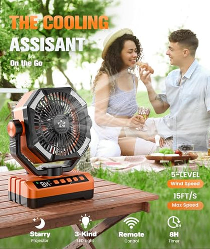 Camping Fan Battery Powered Fan - Rechargeable with Starlight, 20000mAh Battery Operated Outdoor 5 Speed Desk Fans with LED,Hook,Remote Control, Timer,Personal Fans for Tent, Power Outage, Fishing