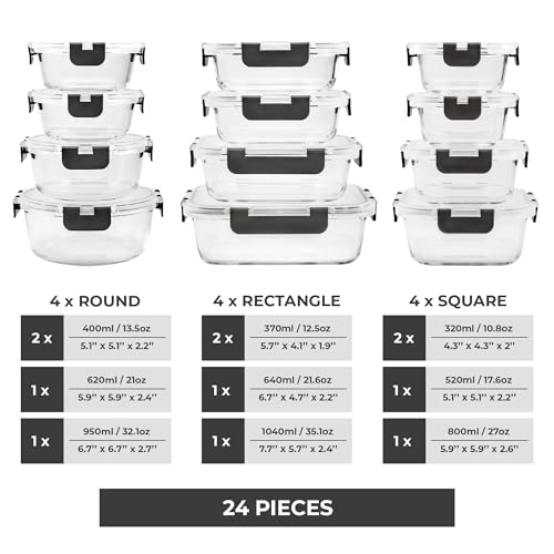 Freshware Glass Storage Containers with Lids, 24 Pieces, 12 Containers with 12 Lids, Glass Meal Prep Container for Lunch, Food Storage Containers, Leak Proof, Freezer Safe, Grey