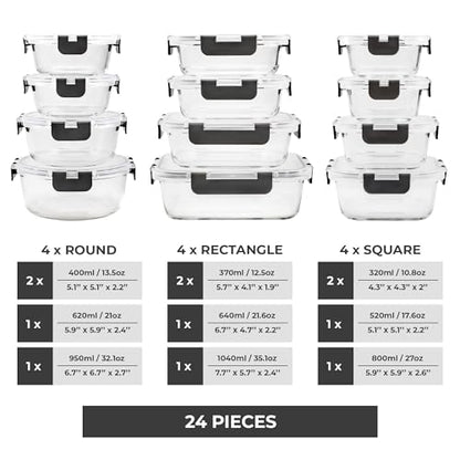 Freshware Glass Storage Containers with Lids, 24 Pieces, 12 Containers with 12 Lids, Glass Meal Prep Container for Lunch, Food Storage Containers, Leak Proof, Freezer Safe, Grey