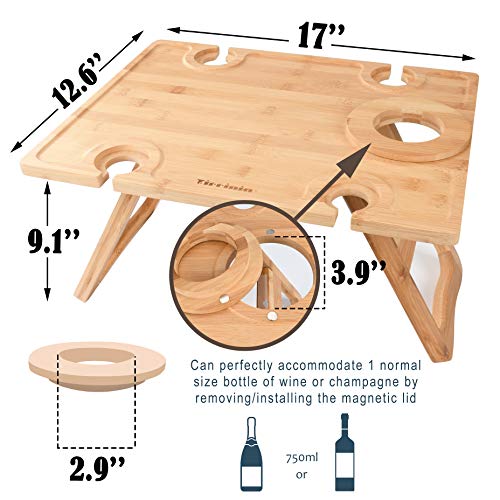 Tirrinia Portable Wine Picnic Table, Ideal Wine Gift for Women Men, Outdoor Folding Table & Beach Charcuterie Board with Wine Glasses Holder for Camping, Park, Party, Garden Concerts, Wooden - size: 17" x 13"