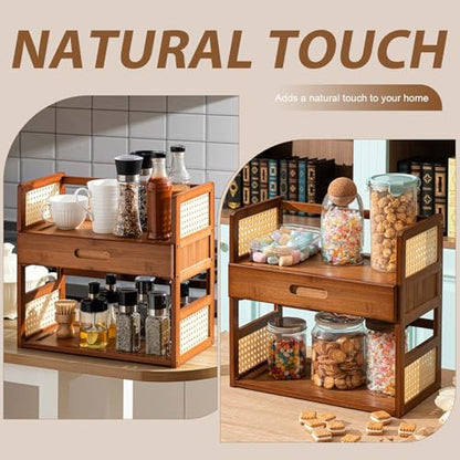 Yalikop Bamboo Matcha Station Organizer 2 Tier Countertops Stand Shelf with Hidden Drawer Coffee Station Organizer for Whisk Set Bowl Cup Mug, Home Kitchen Bars 15.75" x 7.87" x 15.35"(Brown)
